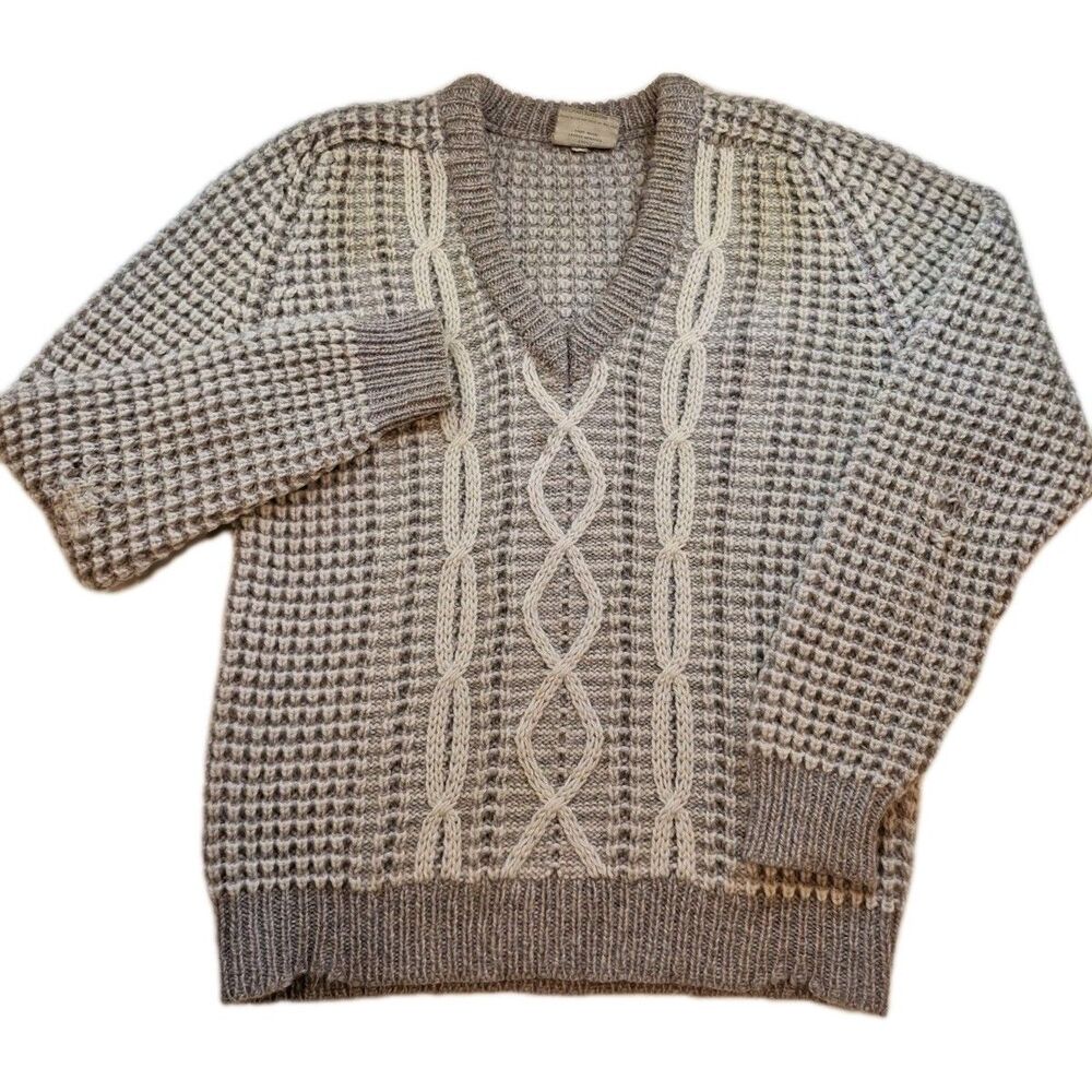 Gaeltarra Aran 100% Wool Sweater Tan Beige Waffle Knit Handknit in Ireland